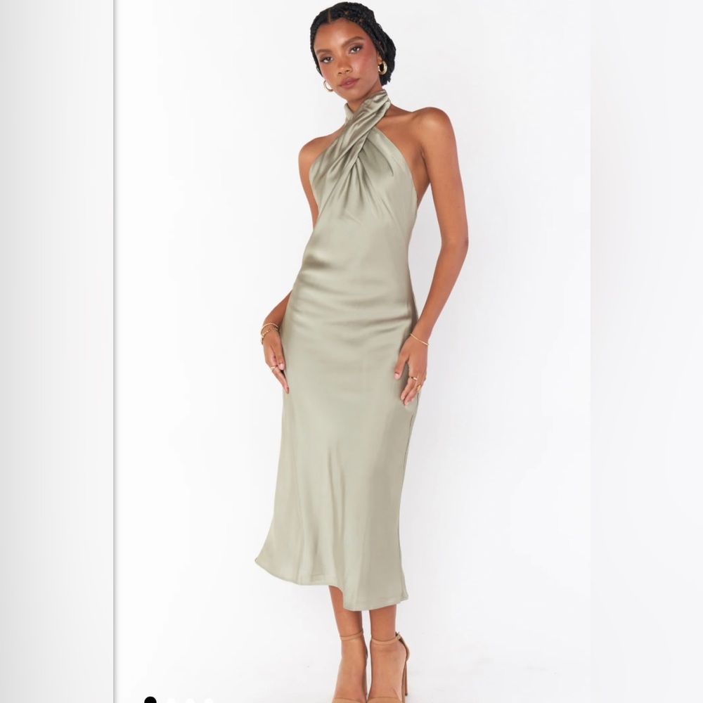 Show Me Your MUMU - Jasmine Halter Midi Dress - XS Moss Green Luxe Satin